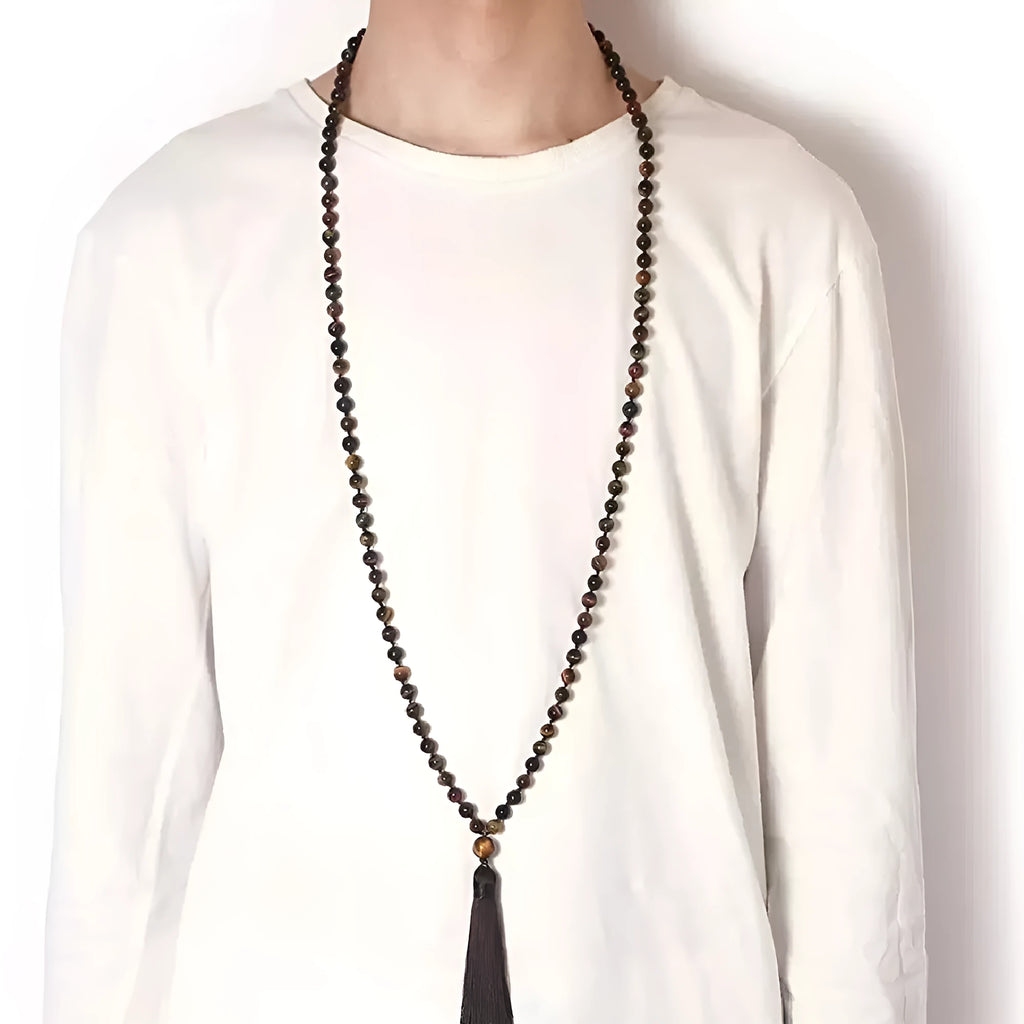 Long geometric agate tassel necklace with multi-coloured stone beads including lapis lazuli and amethyst on a 95cm chain.