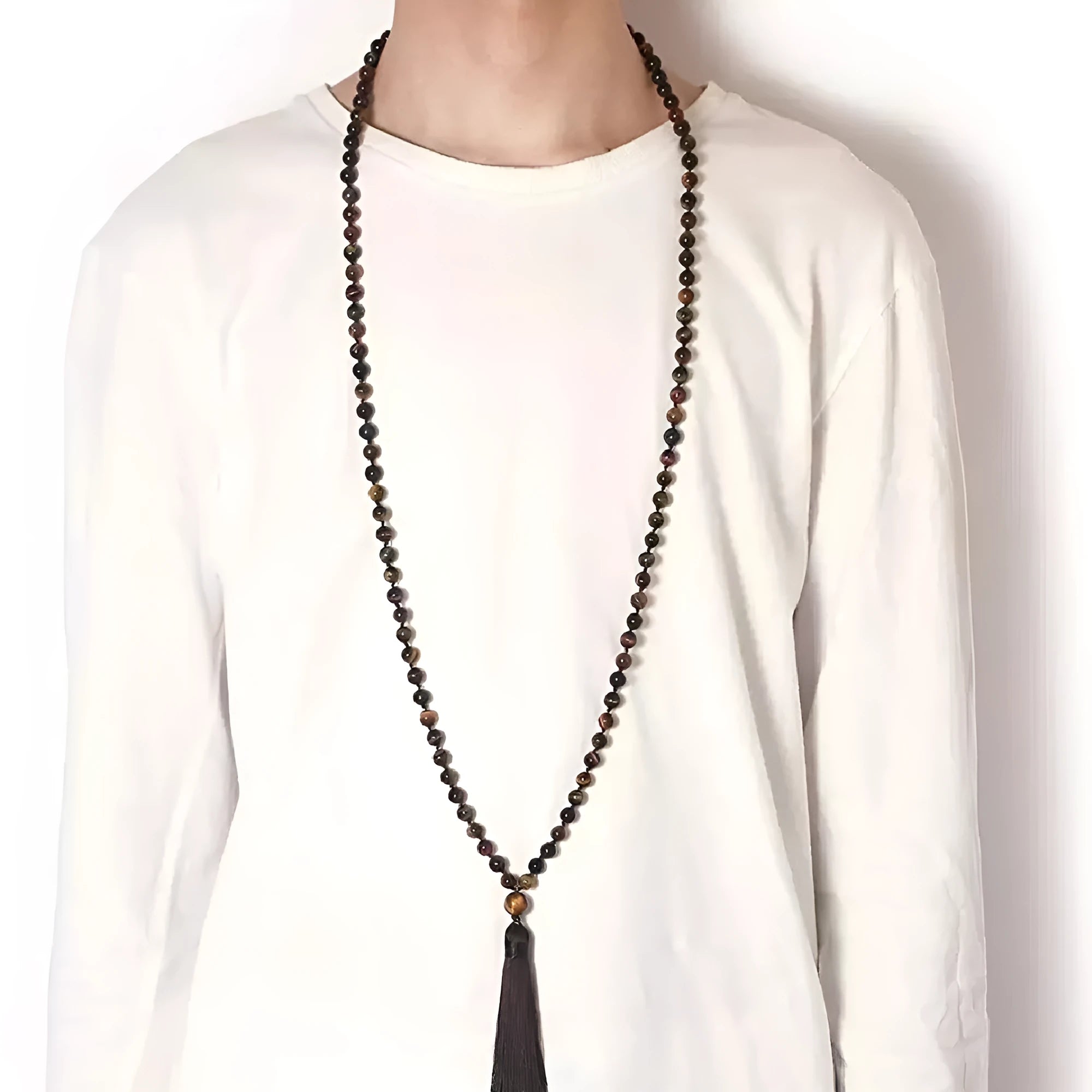 Long geometric agate tassel necklace with multi-coloured stone beads including lapis lazuli and amethyst on a 95cm chain.