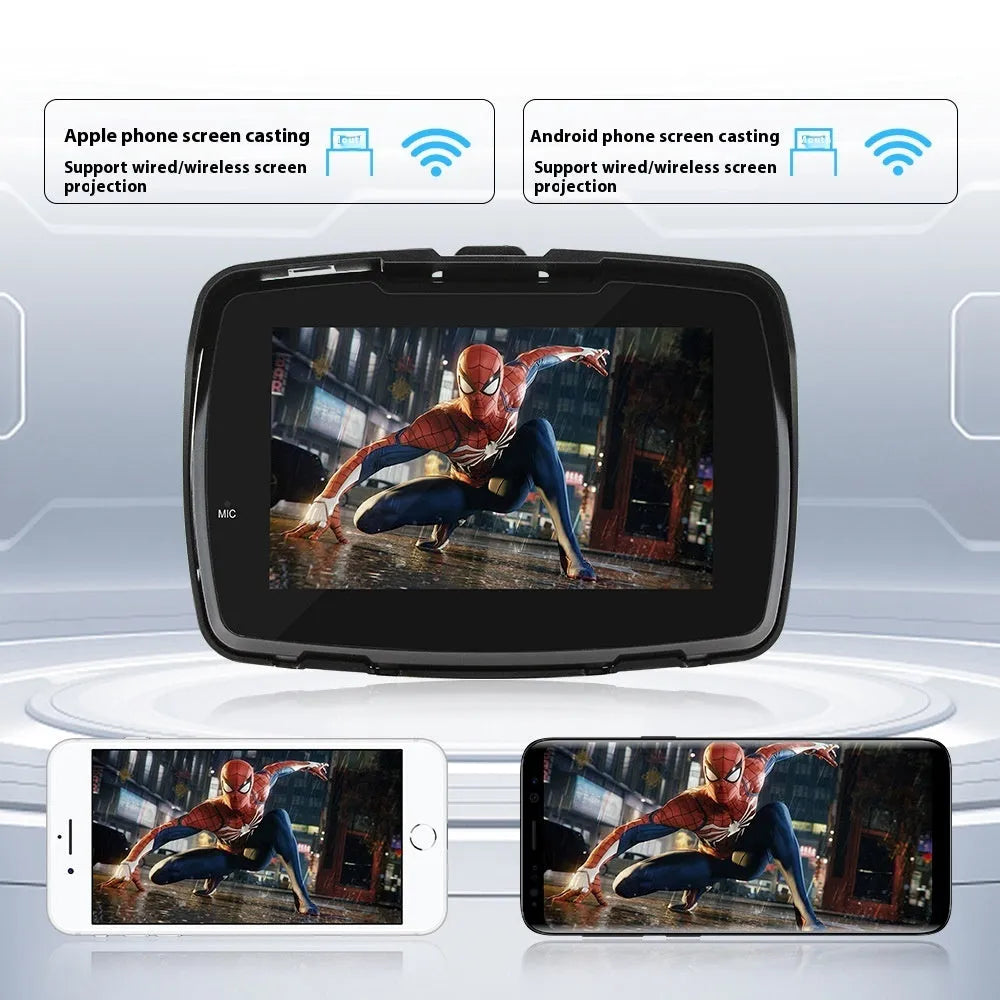 5-inch motorcycle MP5 player with wireless Carplay and reversing image, mounted on vehicle dashboard