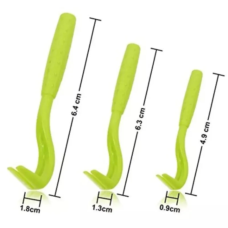 Three plastic pet tick removal clips in blue and green colours for cat and dog parasite control