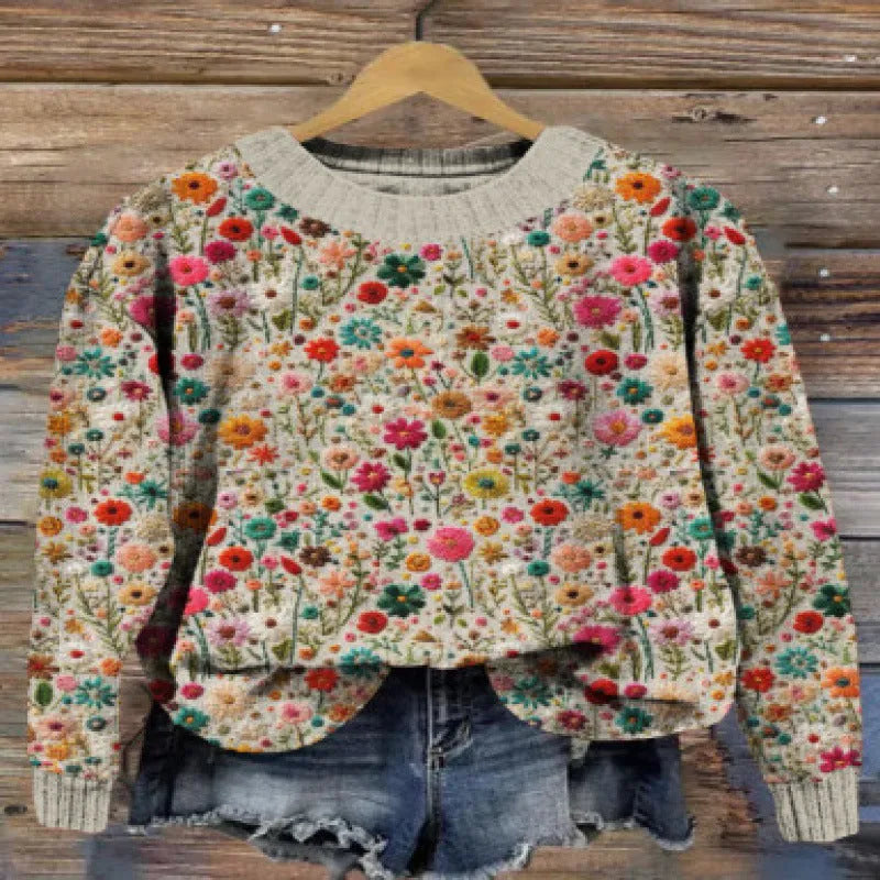 Little Flower digital printed floral pattern round neck polyester sweater shown in multiple colour options