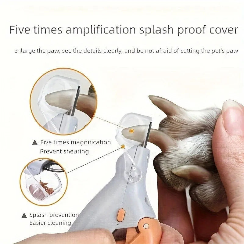 Yellow LED pet nail trimmer with magnifying glass and steel blades for cats and dogs