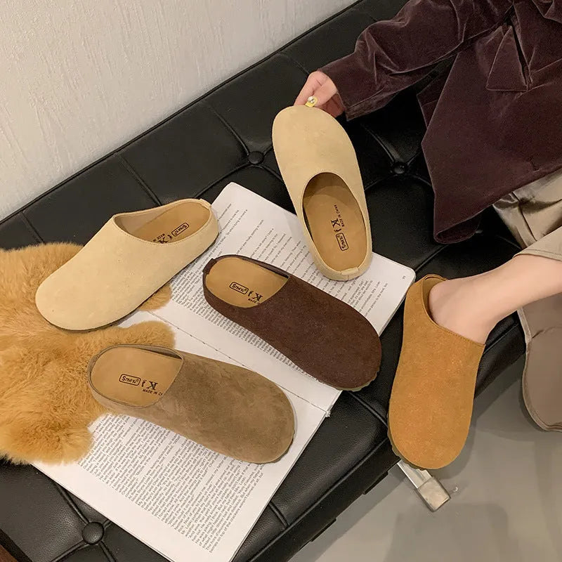 Korean-style square toe slippers in apricot colour with microfiber upper and slip-on design