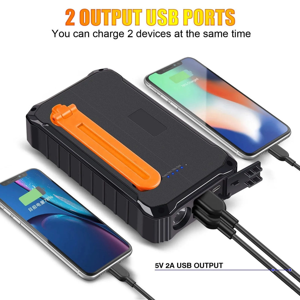 Orange and green hand crank solar power bank with 12000mAh capacity showing USB ports and LED torch