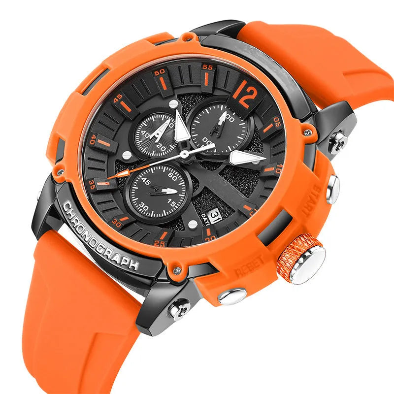 Men's digital watch with luminous display showing time and calendar on black wristband