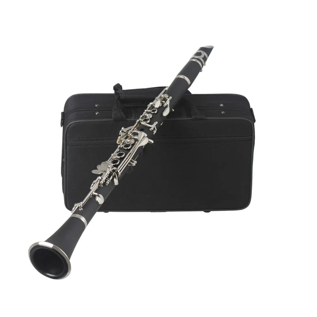 Black Bb clarinet with nickel-plated keys and included carry bag for beginner musicians