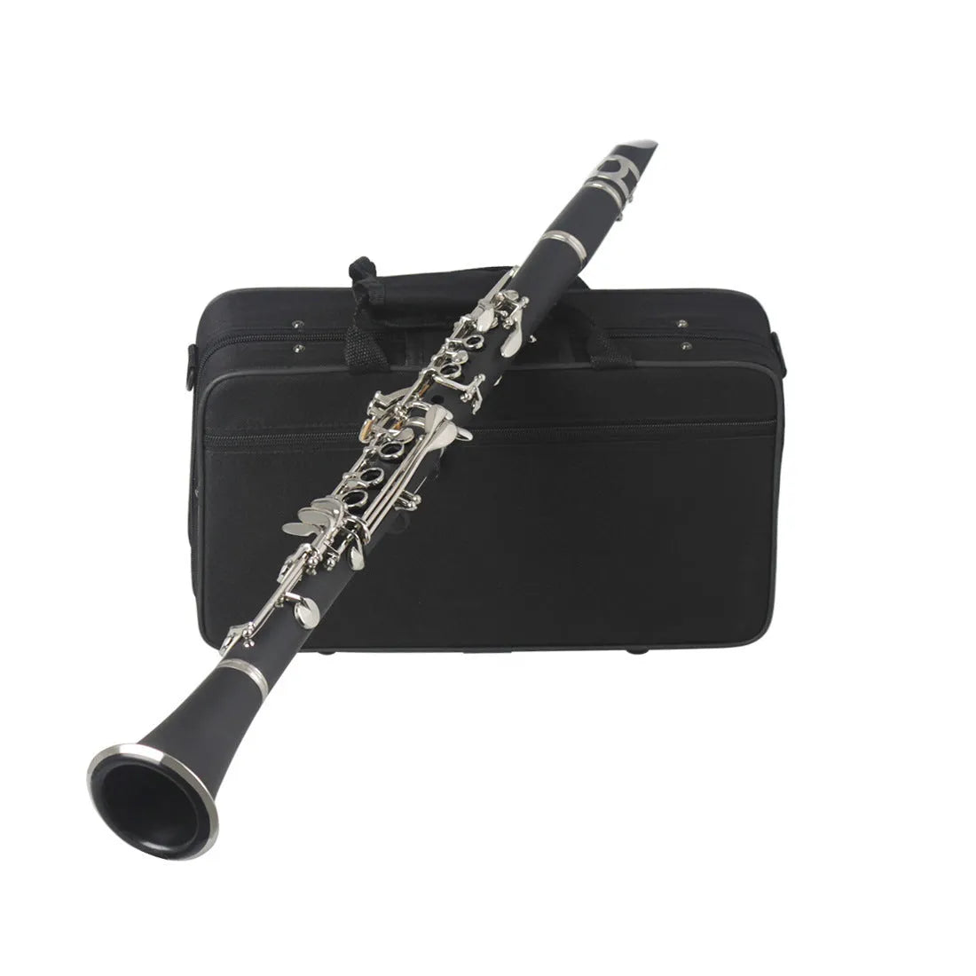 Black Bb clarinet with nickel-plated keys and included carry bag for beginner musicians