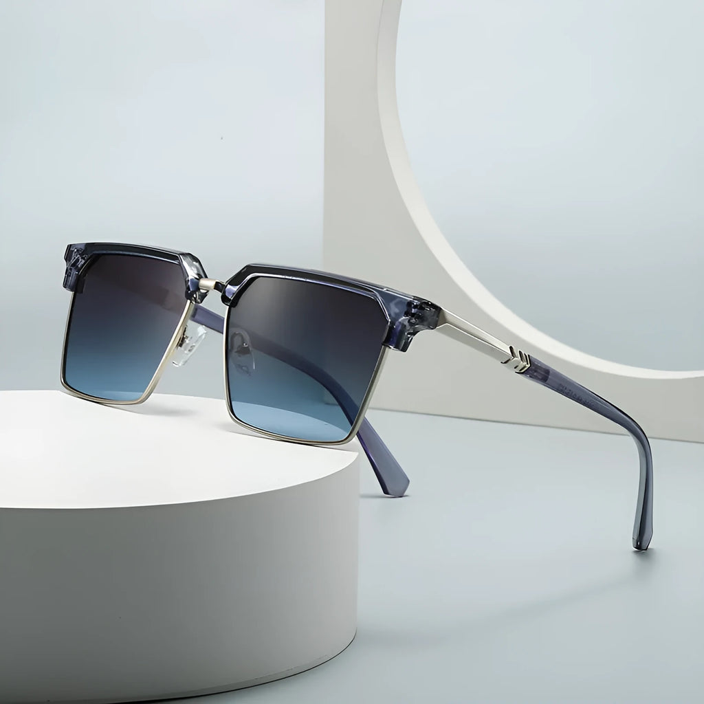 Men's square plastic sunglasses in a selection of six different colour options on display.