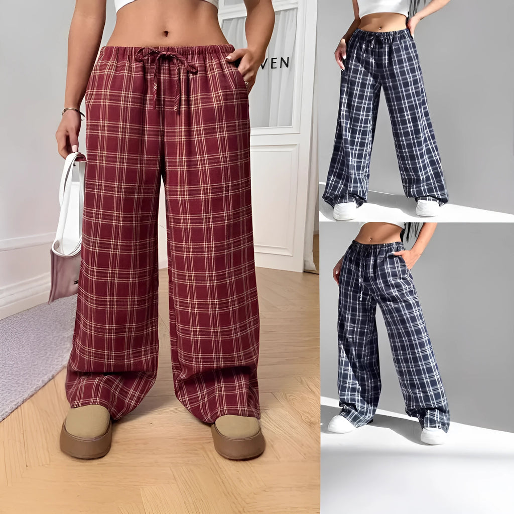 Women's loose fit plaid trousers with drawstring waist and side pockets in red colour