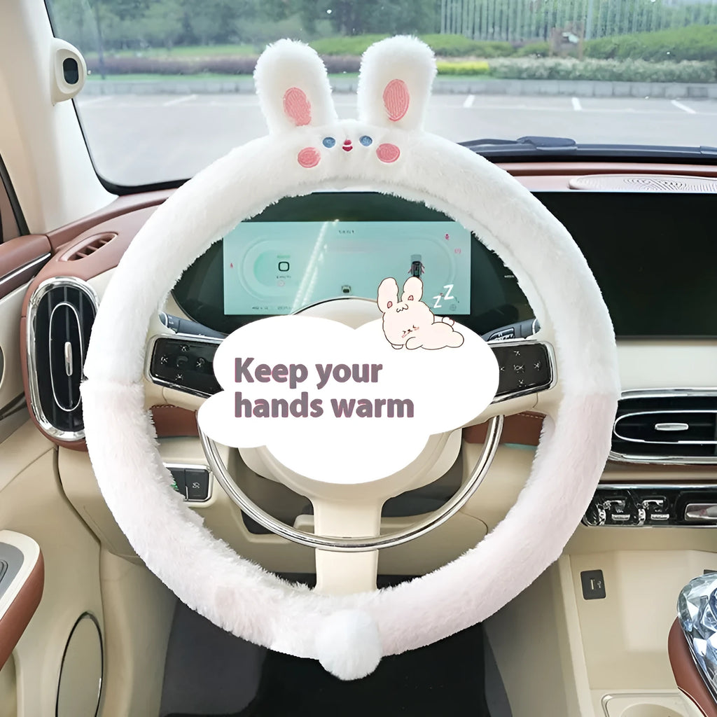 Rabbit fur winter steering wheel cover with cartoon embroidery in 38cm diameter