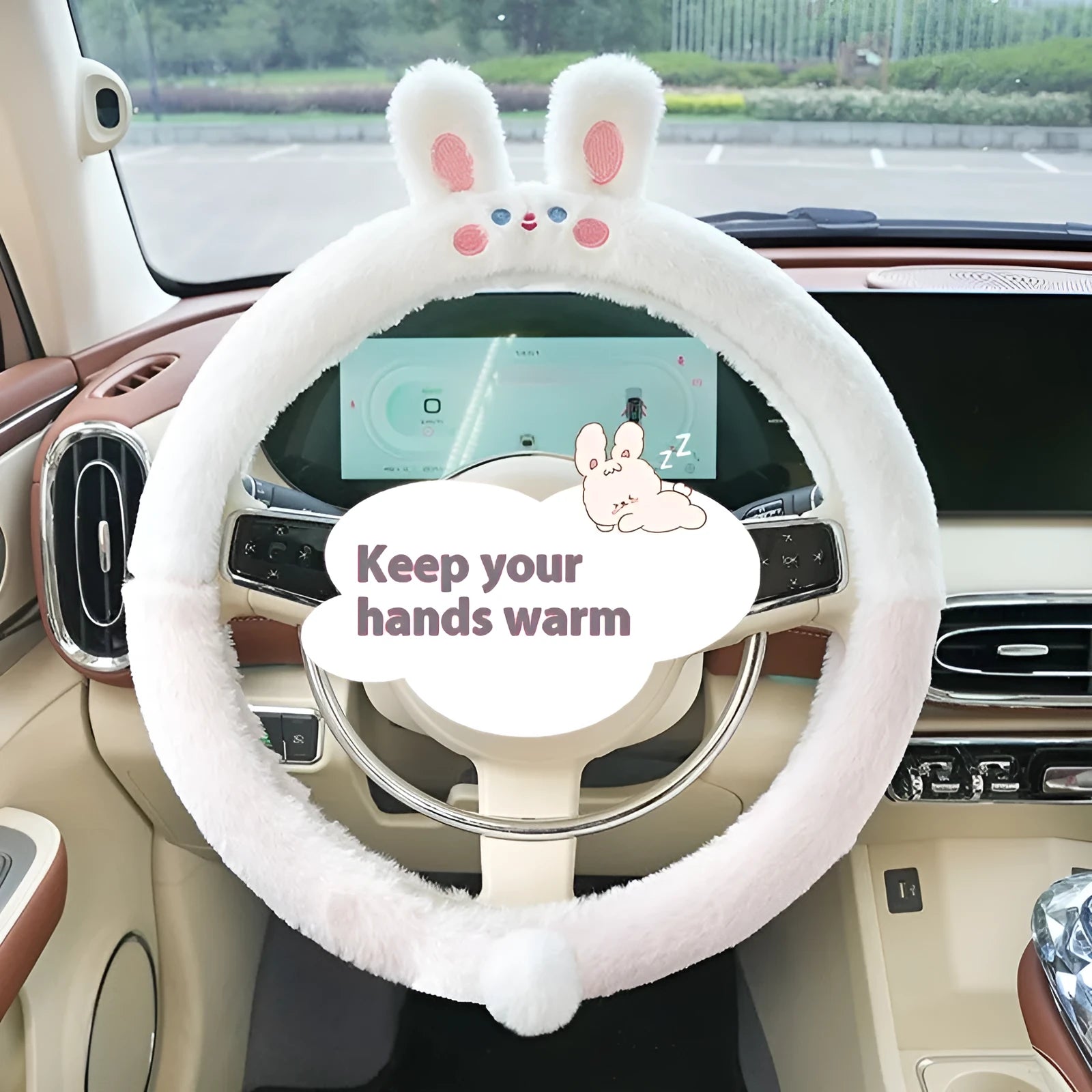 Rabbit fur winter steering wheel cover with cartoon embroidery in 38cm diameter