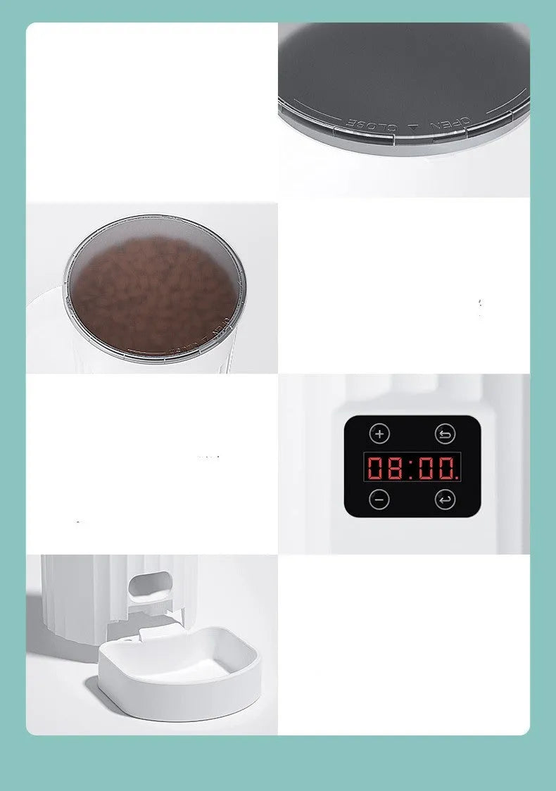 White PP cat automatic pet feeder with WIFI control, side view showing button panel and food tray