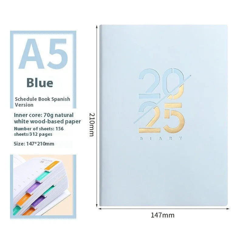 Soft cover A5 daily planner schedule book in blue, showing lay-flat binding and faux leather texture.