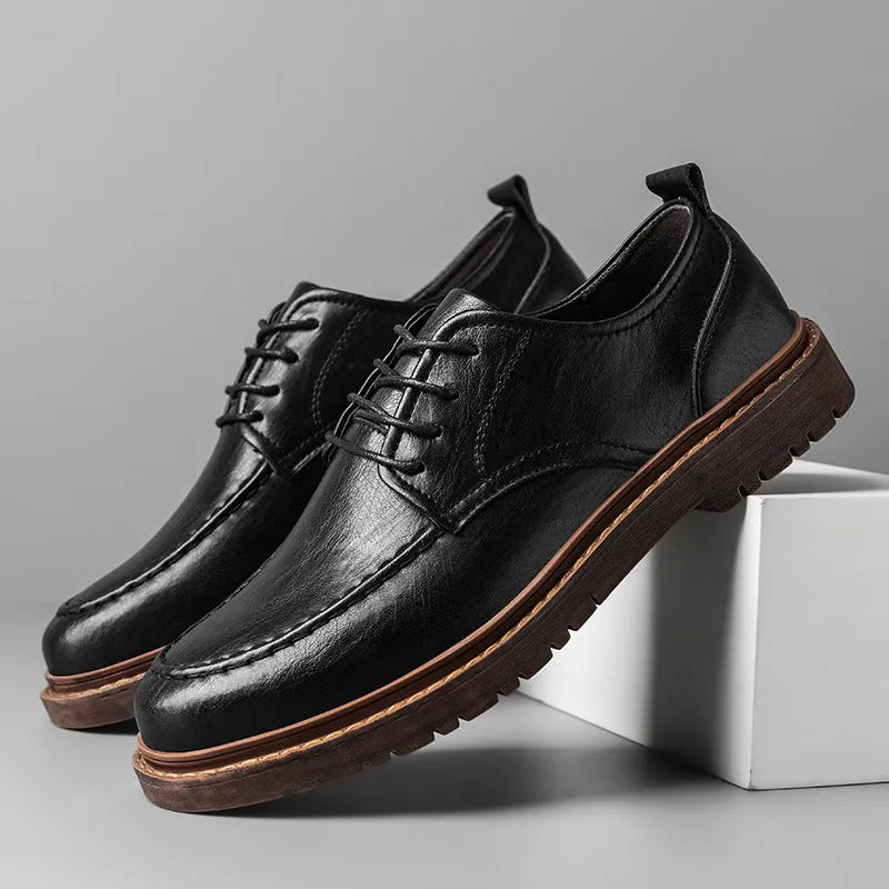 Men's brown casual leather slip-on shoes with round toe and rubber sole