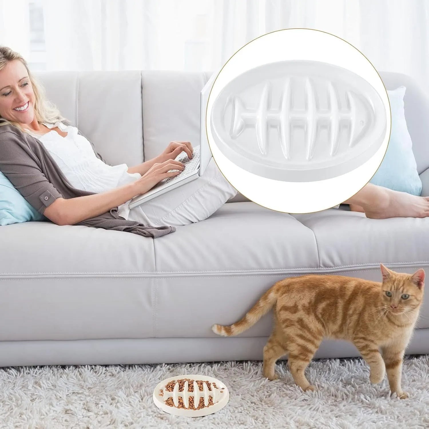 Green melamine fishbone slow feeder bowl for cats with raised ridges on a plain background