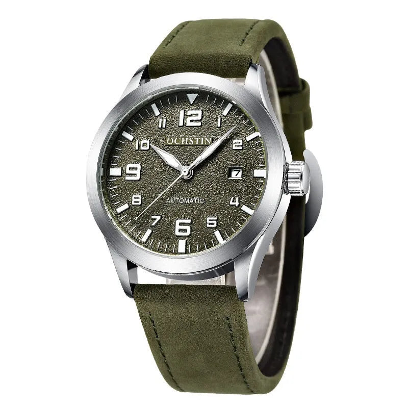 Men's retro automatic watch with leather strap in black and beige colour option