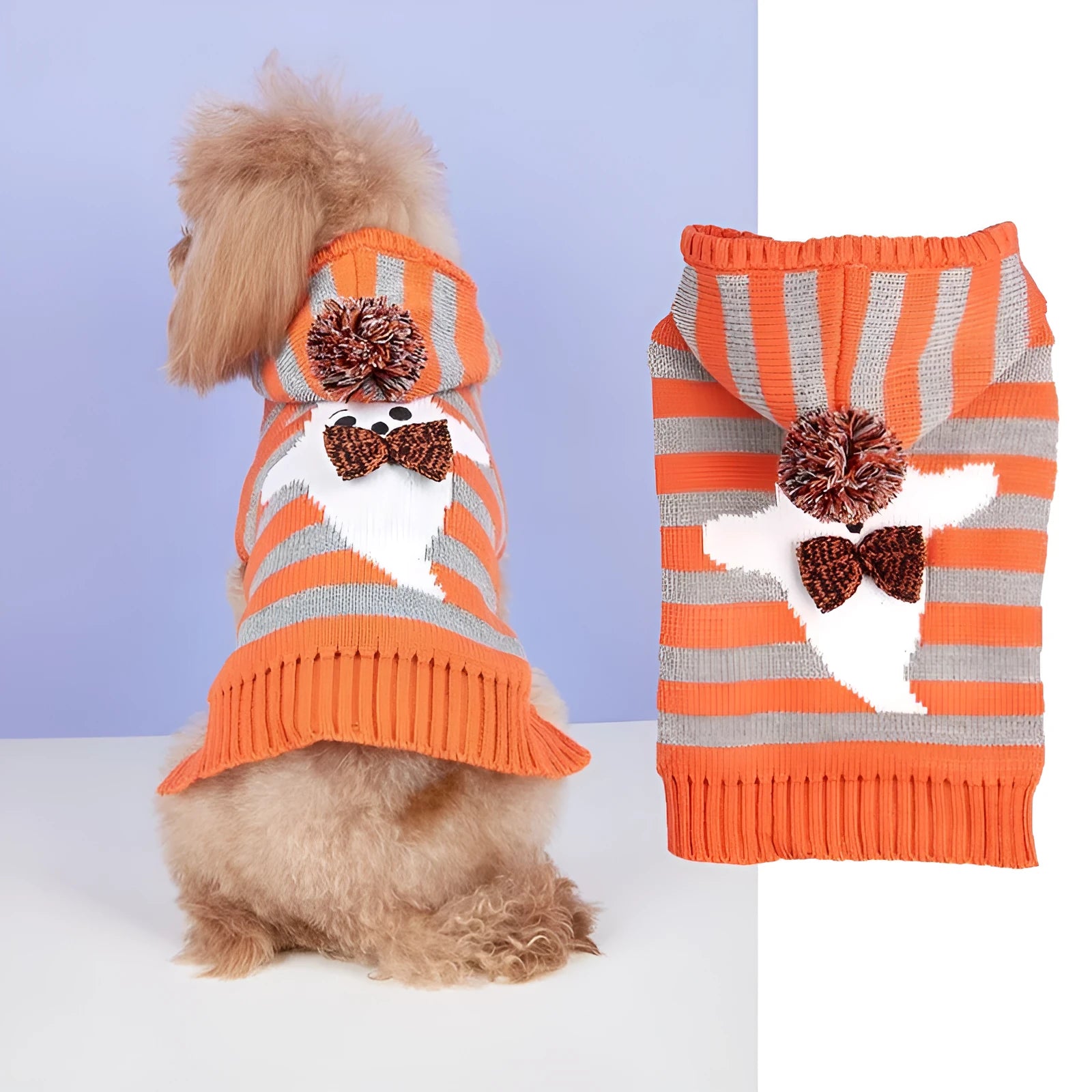 Orange knitted dog sweater with striped pattern, fur ball trim, and a hood for Halloween.