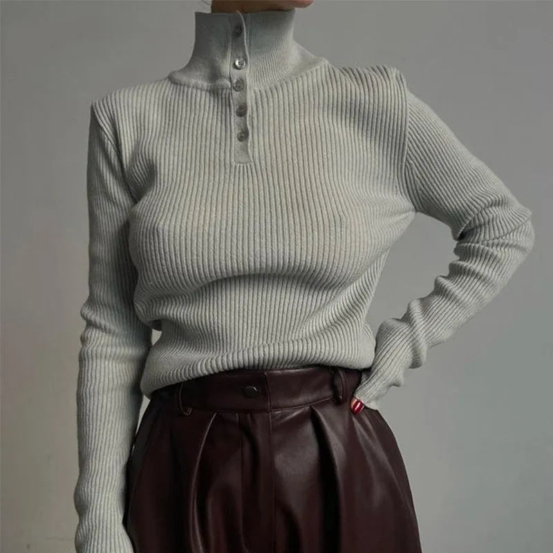 Silver grey retro half-turtleneck single-breasted pullover sweater on a model, slim fit.