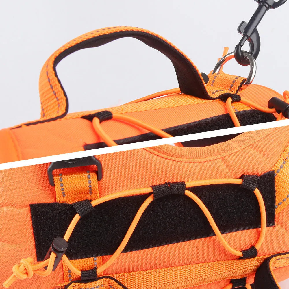 Orange reflective dog vest harness with explosion-proof leash attached, shown on a medium-sized dog.