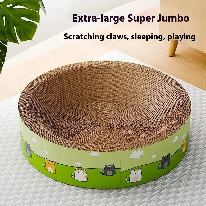 Large round deepening pit cat scratch board made of corrugated cardboard in 45cm and 50cm sizes.