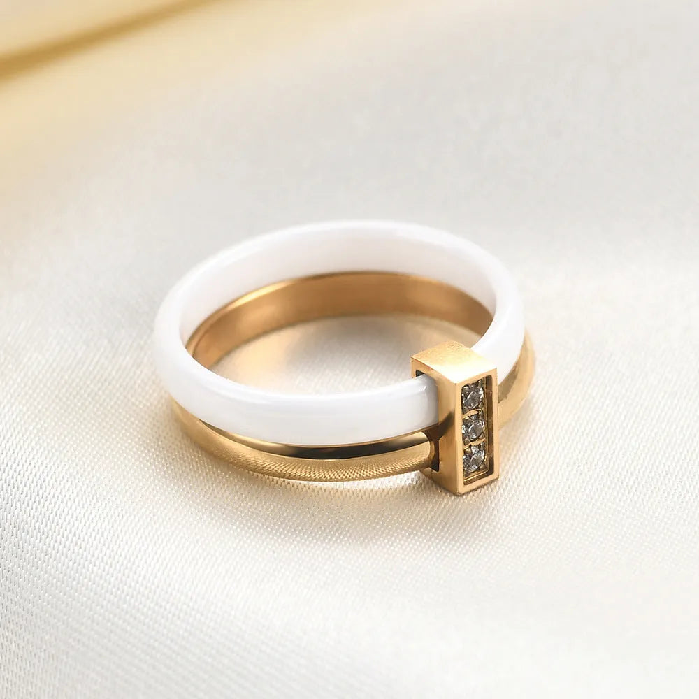 Ceramic women's ring with 6mm geometric shape and zirconium stitching in steel black or gold white