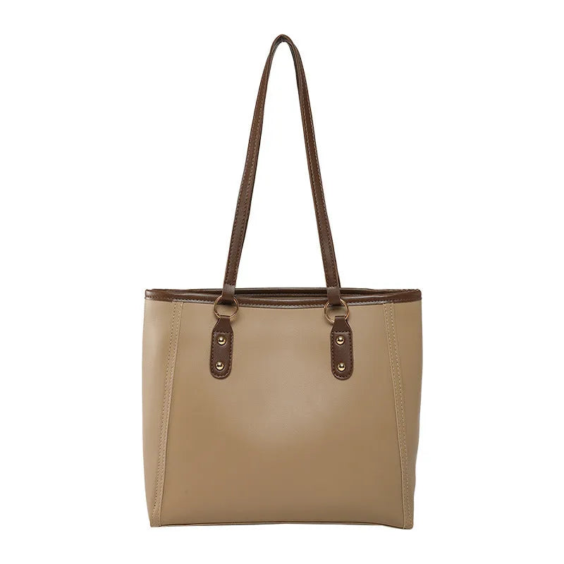 Retro PU leather tote bag in horizontal square shape with internal phone and file compartments