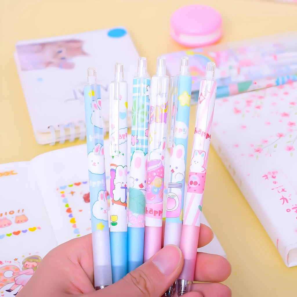 Six cartoon bunny design gel pens with 0.5mm tips and black ink displayed together