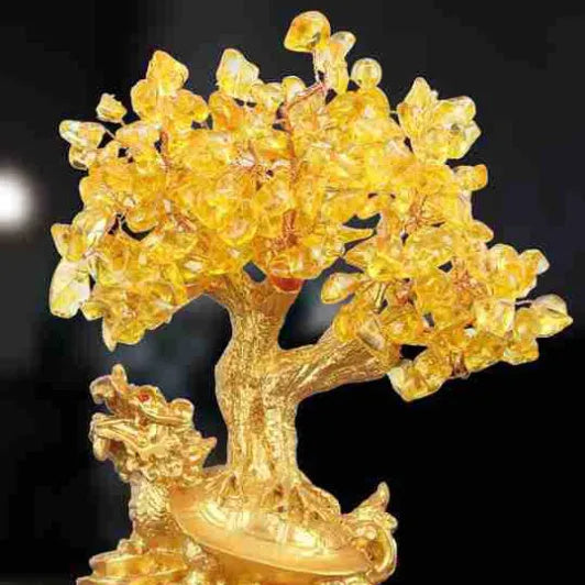 Resin Feng Shui ornament with citrine money tree and small turtle, 23cm high.