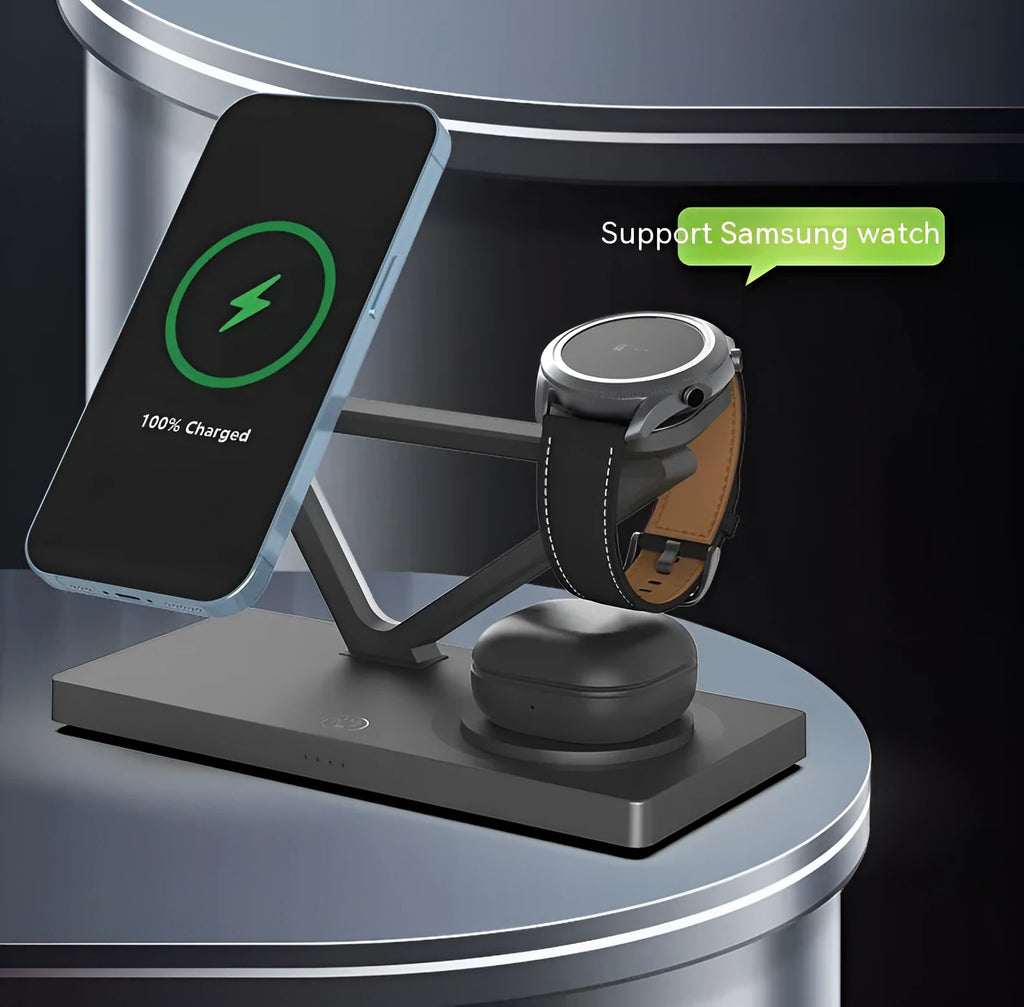 White five-in-one wireless charging station with night lamp, phone charging bracket, watch charger and circular charging base