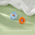 Cartoon-style flower stud earrings in blue-orange, white-green, or yellow-white two-tone colour combinations