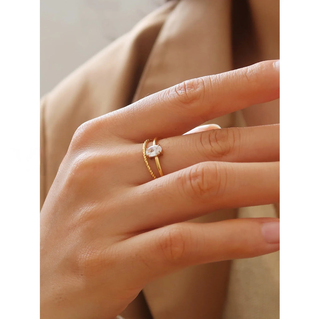 Golden stainless steel ring showing heart shape and oval style options for women in multiple sizes