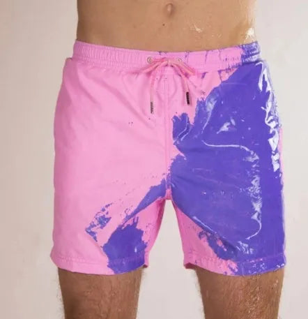 Colour-changing men's beach shorts with quick-dry polyester fabric and drawstring waist