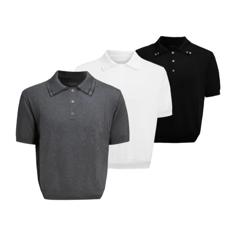 Men's black short sleeve shirt with double lapel collar in loose fit