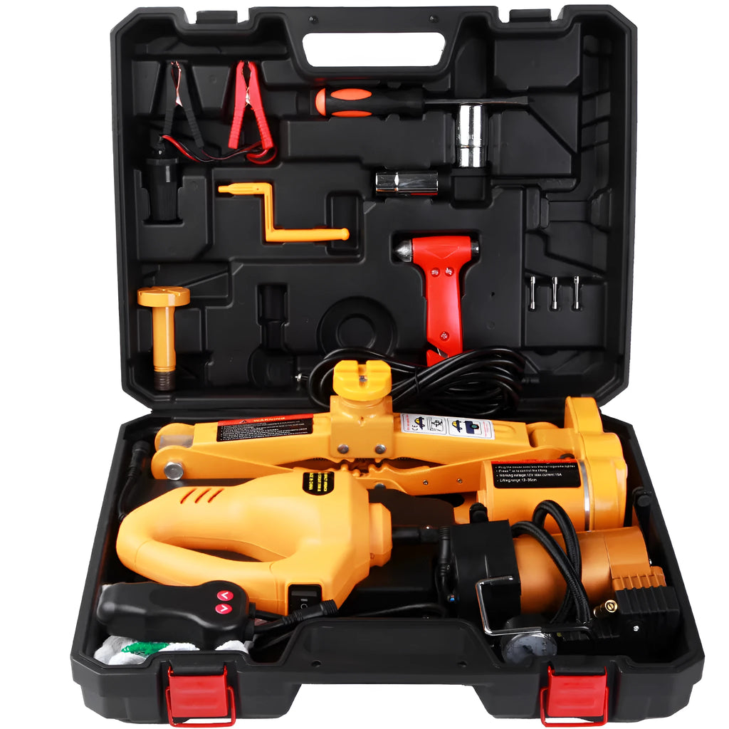 Yellow car electric jack set with hydraulic lift and electric wrench for tyre changes