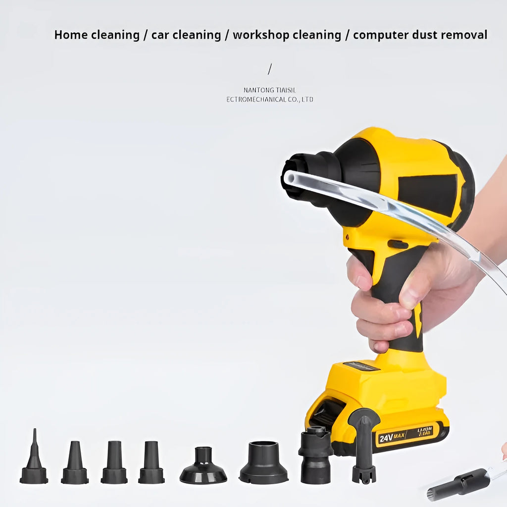 Yellow cordless dust gun with 18V lithium battery for office and appliance cleaning