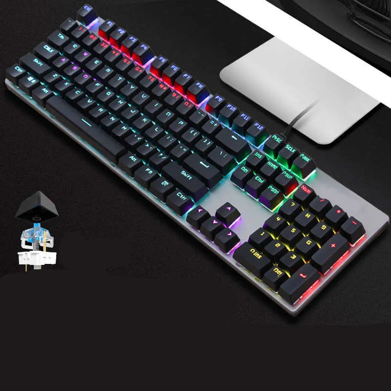 AOC GK410 mechanical keyboard with green axis switches, metal case, and backlit keys.