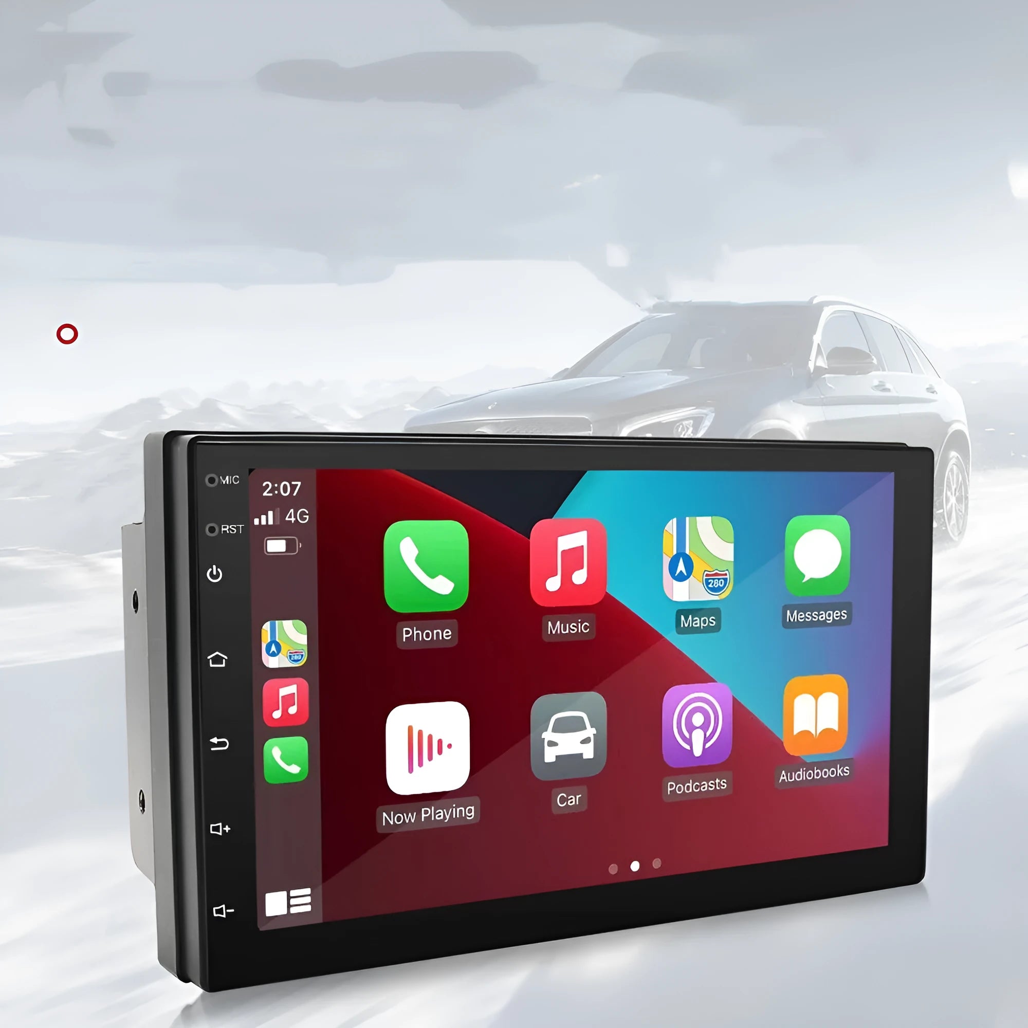 Black universal 7-inch MP5 car player with GPS navigation and CarPlay connectivity