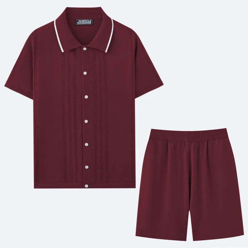Men's khaki Tencel viscose business casual set with short sleeve top and matching shorts