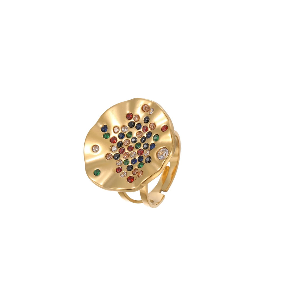 Geometric stainless steel ring with pleated detailing and inlaid colour diamond titanium accents