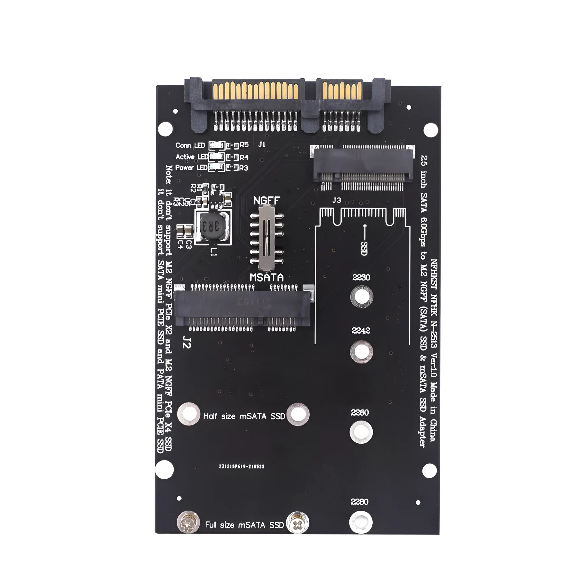 Black SATA3 to M2 NGFF MSATA SSD conversion adapter card with connectors