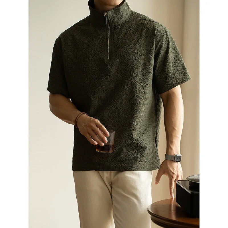 Men's casual short sleeve shirt in ice silk polyester fabric showing loose fit and summer styling