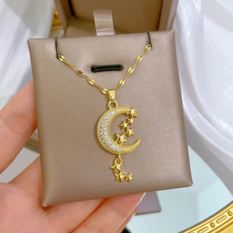 Moon pendant necklace with geometric stainless steel chain and copper pendant