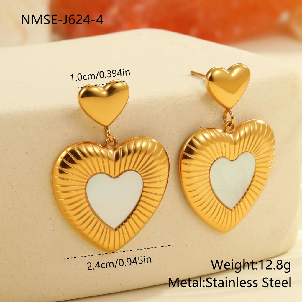 Heart shaped stainless steel earrings with white fritillary pattern and 18K gold electroplated finish for women