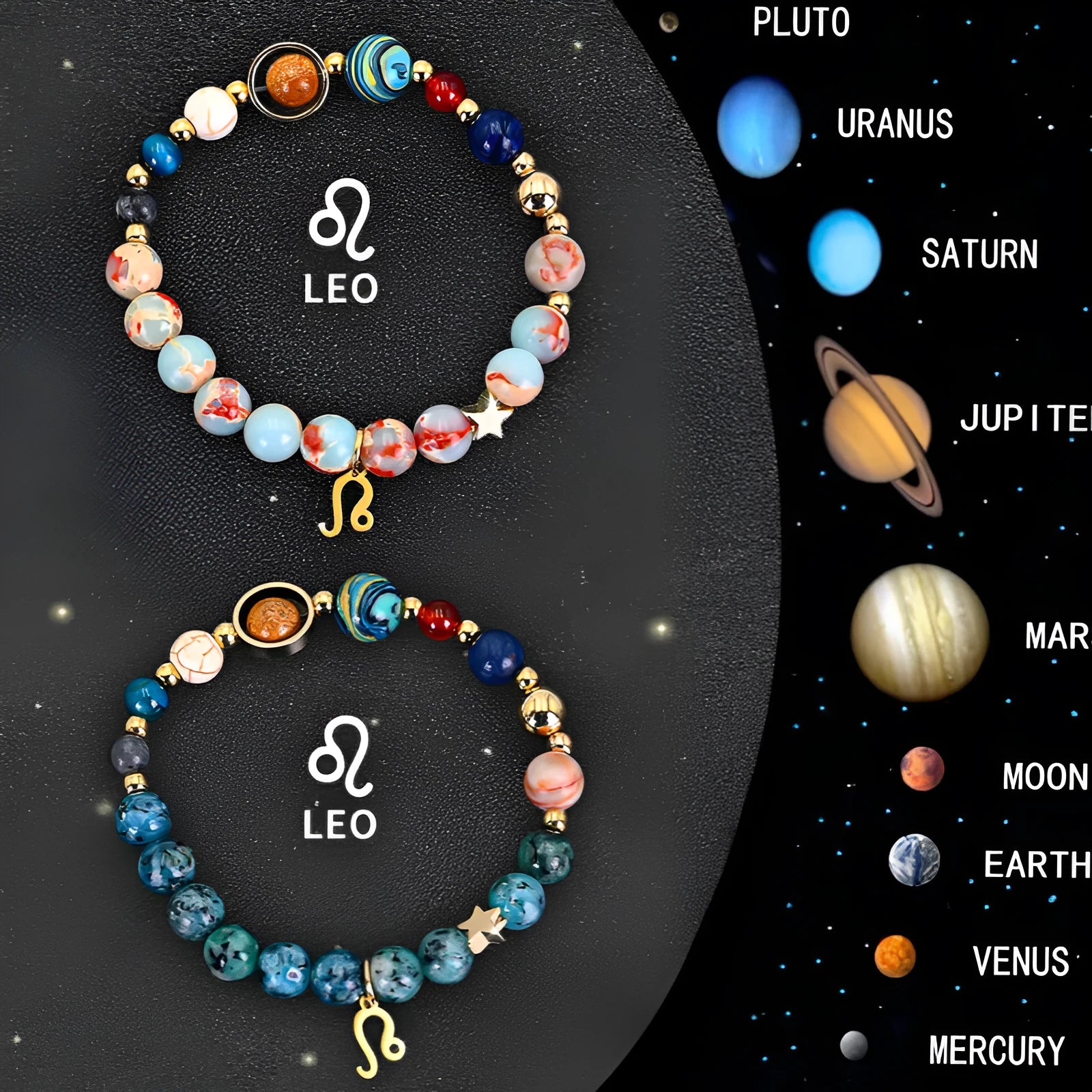 Two natural stone beaded bracelets showing zodiac sign charms on a wooden surface.