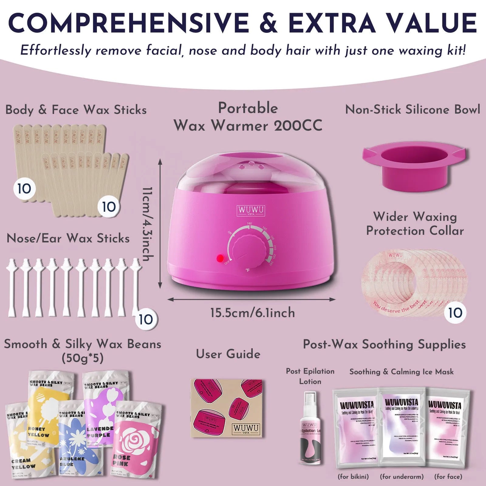 Professional waxing kit with wax beans, warmer, applicators, and post-care products for sensitive skin hair removal