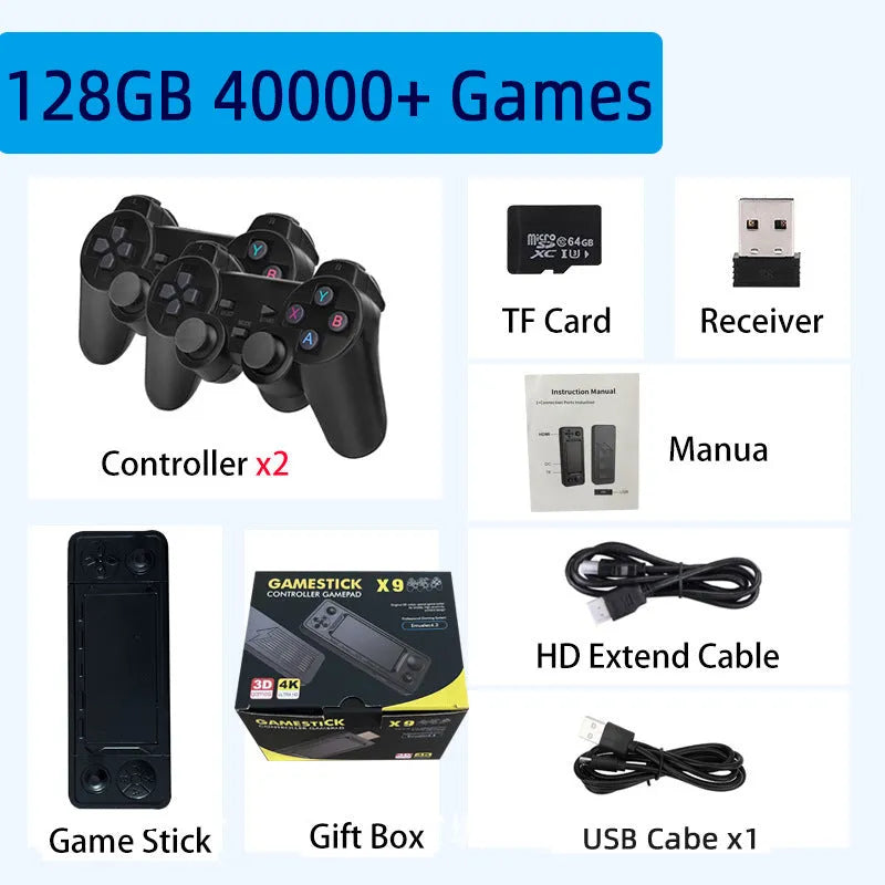 New X9 HD home game console with retro style, two black controllers, and HDMI cable on a desk