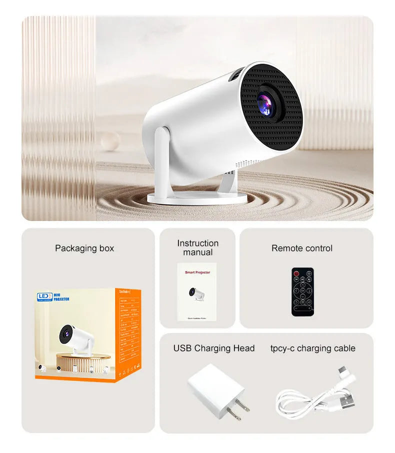 White MINI wireless HD portable projector showing wireless same-screen capability for home use