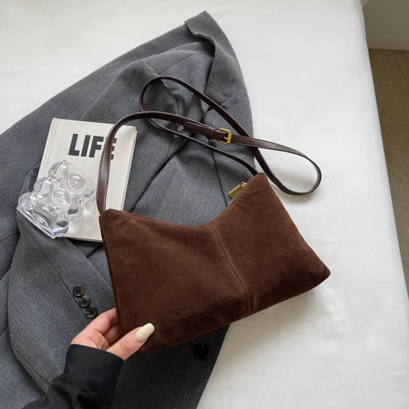 Retro suede underarm bag for women in brown, soft PU bucket style