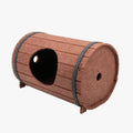 Wine barrel shaped cat bed assembled from three felt panels