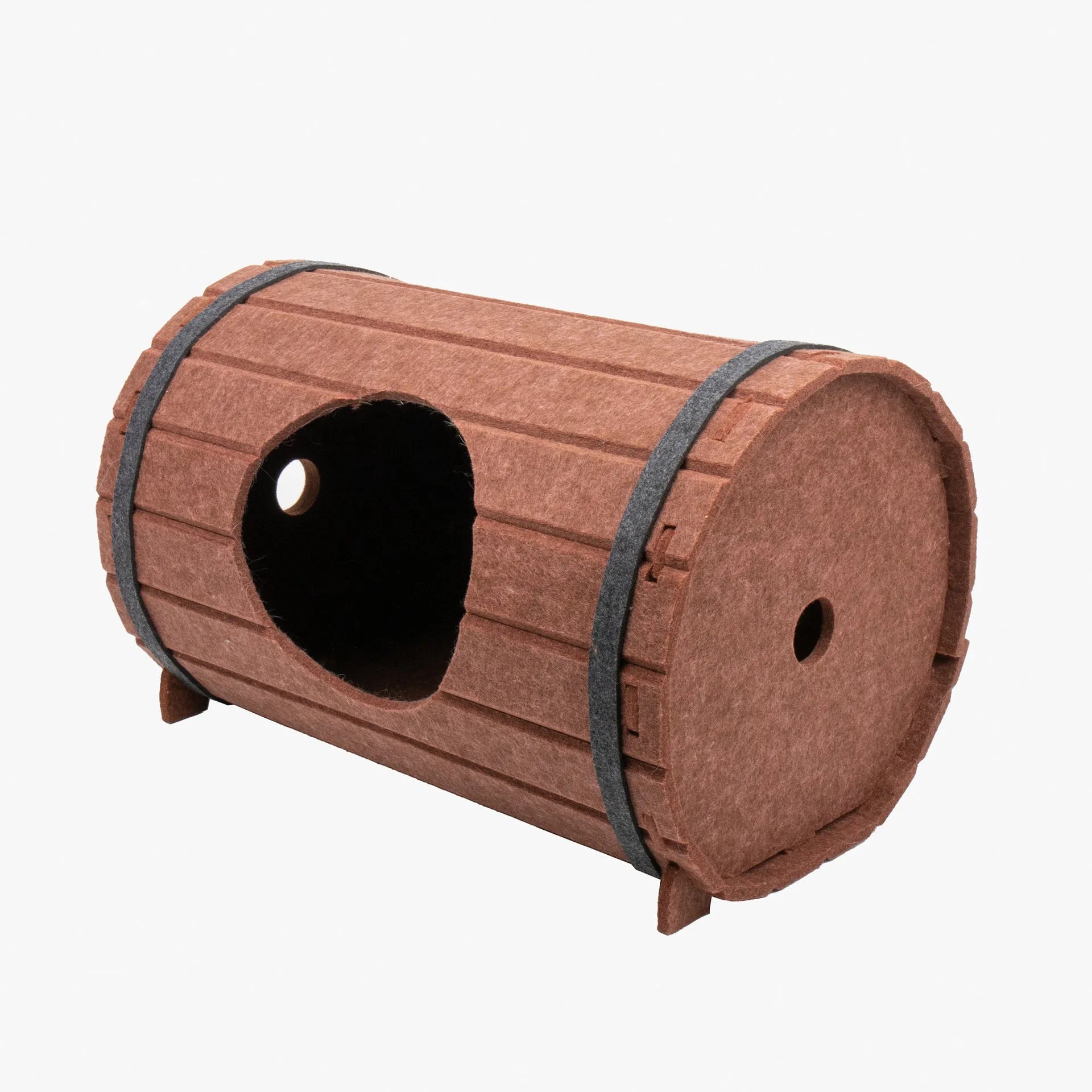 Wine barrel shaped cat bed assembled from three felt panels